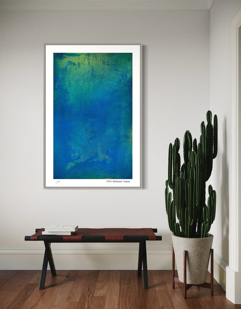 Photosynthesis is a Limited Edition Print by Seth B. Minkin, with bright cobalt blues, vibrant greens, and shimmering yellow undertones, capturing the artwork's depth.