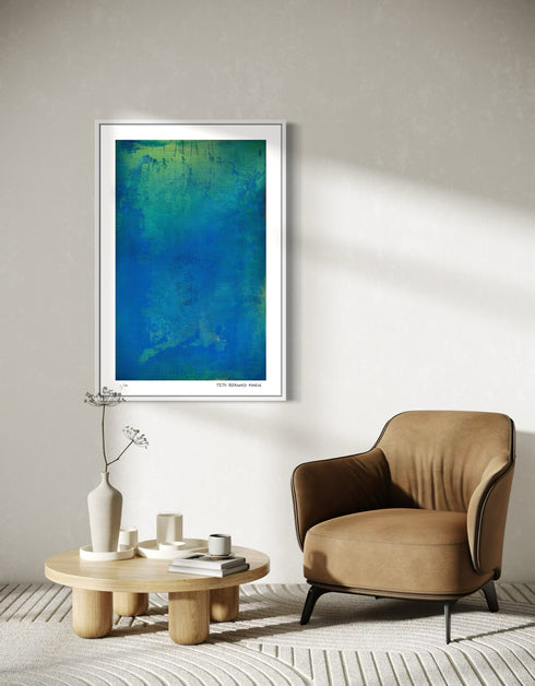 Photosynthesis is a Limited Edition Print by Seth B. Minkin, with bright cobalt blues, vibrant greens, and shimmering yellow undertones, capturing the artwork's depth.