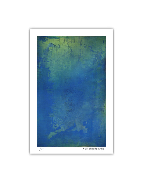Photosynthesis is a Limited Edition Print by Seth B. Minkin, with bright cobalt blues, vibrant greens, and shimmering yellow undertones, capturing the artwork's depth.