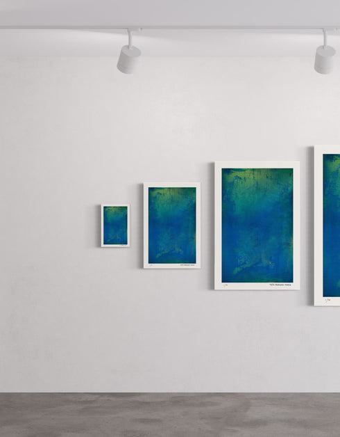 Photosynthesis is a Limited Edition Print by Seth B. Minkin, with bright cobalt blues, vibrant greens, and shimmering yellow undertones, capturing the artwork's depth.