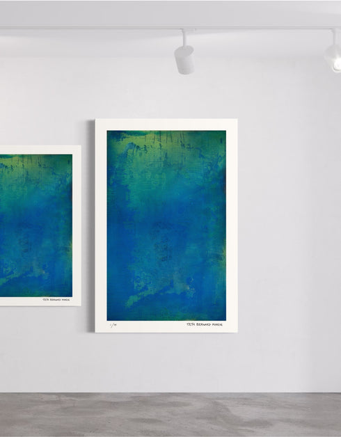 Photosynthesis is a Limited Edition Print by Seth B. Minkin, with bright cobalt blues, vibrant greens, and shimmering yellow undertones, capturing the artwork's depth.