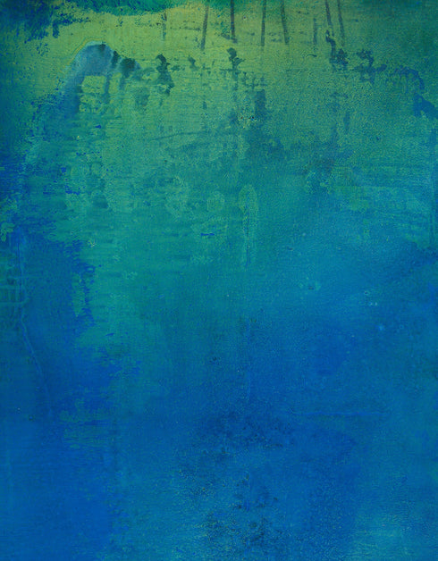 30"x48" abstract painting with cobalt blue, bright green, and shimmering gold, capturing nature's life-sustaining process.