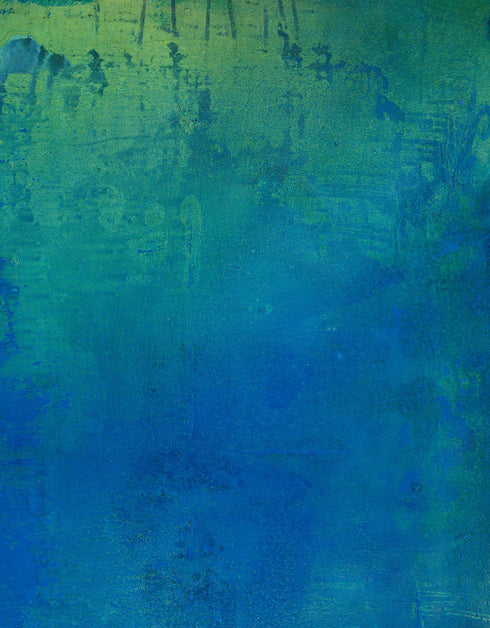 30"x48" abstract painting with cobalt blue, bright green, and shimmering gold, capturing nature's life-sustaining process.