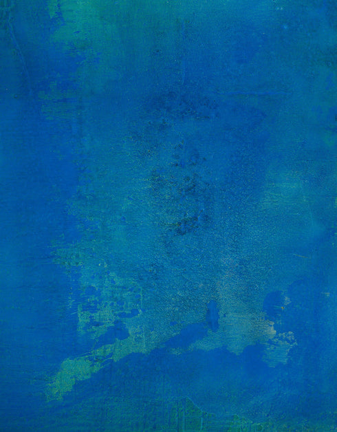 30"x48" abstract painting with cobalt blue, bright green, and shimmering gold, capturing nature's life-sustaining process.