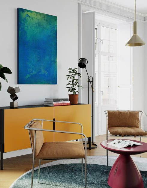 30"x48" abstract painting with cobalt blue, bright green, and shimmering gold, capturing nature's life-sustaining process.