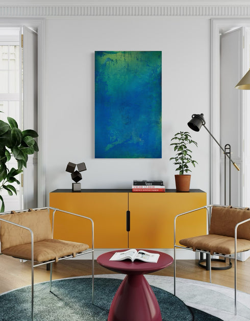 30"x48" abstract painting with cobalt blue, bright green, and shimmering gold, capturing nature's life-sustaining process.