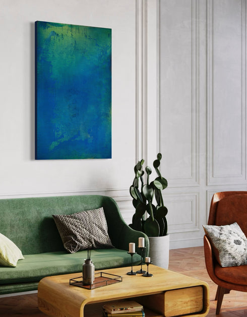 30"x48" abstract painting with cobalt blue, bright green, and shimmering gold, capturing nature's life-sustaining process.