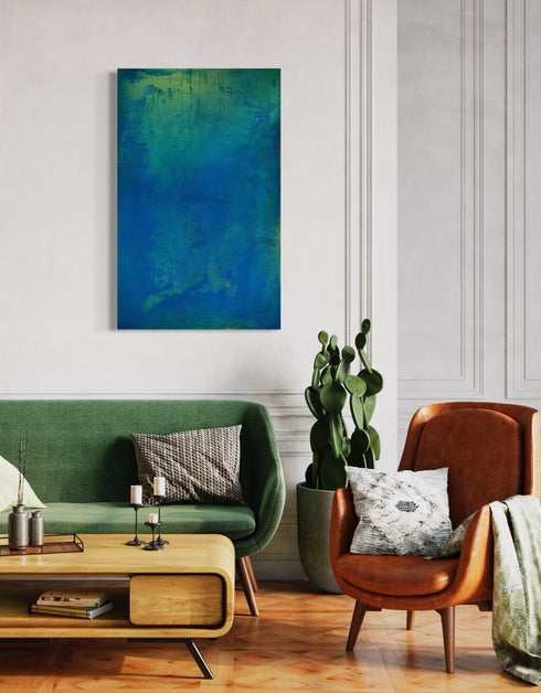 30"x48" abstract painting with cobalt blue, bright green, and shimmering gold, capturing nature's life-sustaining process.