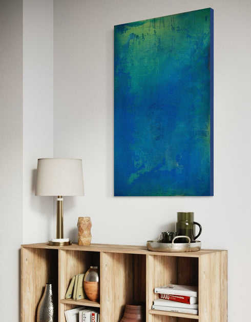 30"x48" abstract painting with cobalt blue, bright green, and shimmering gold, capturing nature's life-sustaining process.