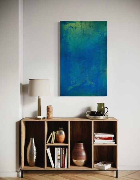 30"x48" abstract painting with cobalt blue, bright green, and shimmering gold, capturing nature's life-sustaining process.