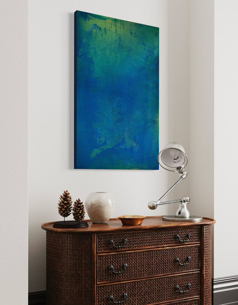30"x48" abstract painting with cobalt blue, bright green, and shimmering gold, capturing nature's life-sustaining process.