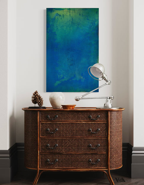 30"x48" abstract painting with cobalt blue, bright green, and shimmering gold, capturing nature's life-sustaining process.