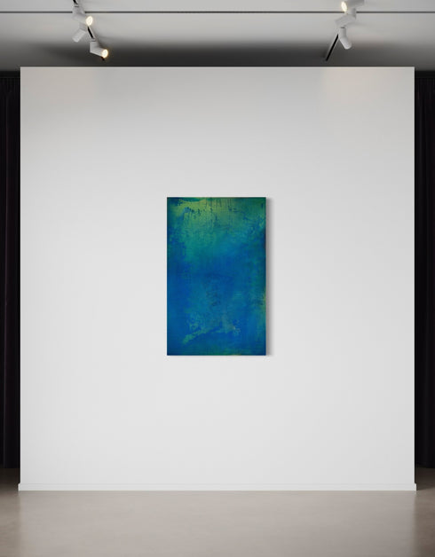 30"x48" abstract painting with cobalt blue, bright green, and shimmering gold, capturing nature's life-sustaining process.