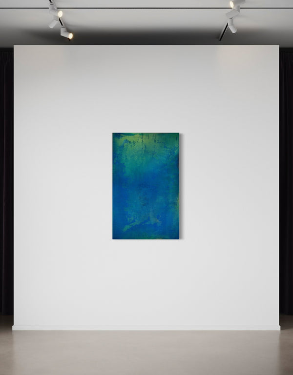 30"x48" abstract painting with cobalt blue, bright green, and shimmering gold, capturing nature's life-sustaining process.