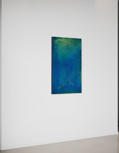 30"x48" abstract painting with cobalt blue, bright green, and shimmering gold, capturing nature's life-sustaining process.