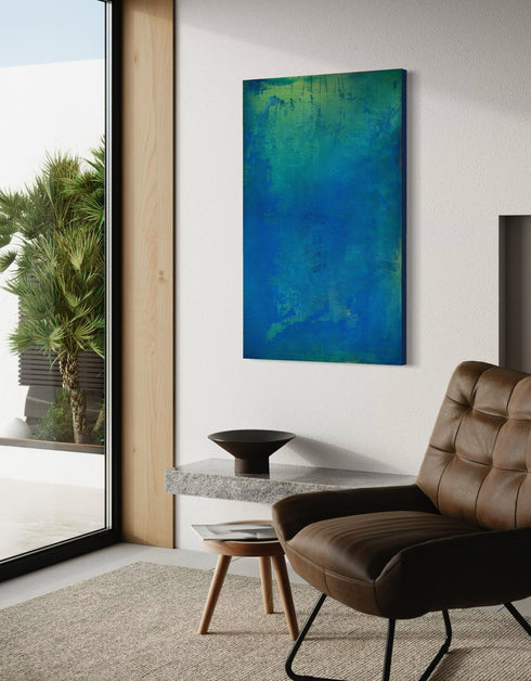 30"x48" abstract painting with cobalt blue, bright green, and shimmering gold, capturing nature's life-sustaining process.