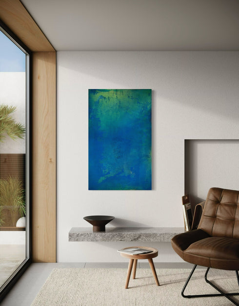 30"x48" abstract painting with cobalt blue, bright green, and shimmering gold, capturing nature's life-sustaining process.
