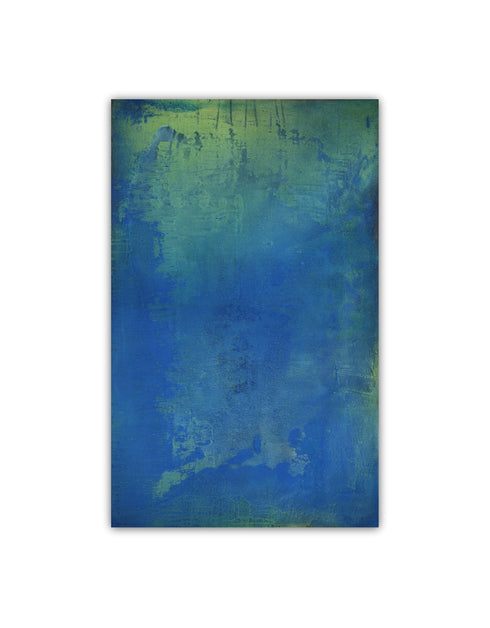 30"x48" abstract painting with cobalt blue, bright green, and shimmering gold, capturing nature's life-sustaining process.