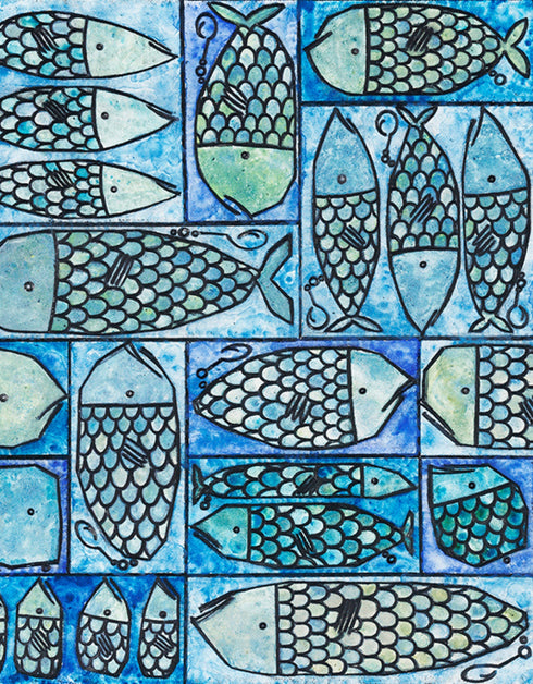 Sardine Tackle Box is a Giclee on Canvas Print by Seth B. Minkin, with blues and greens, capturing the playful design and intricate details of sardines in a tackle box.