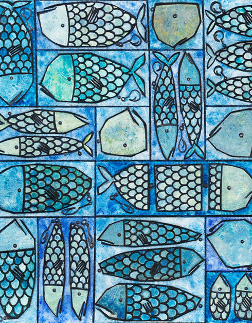 Sardine Tackle Box is a Limited Edition Print by Seth B. Minkin, with blues and greens, capturing the playful design and intricate details of sardines in a tackle box.