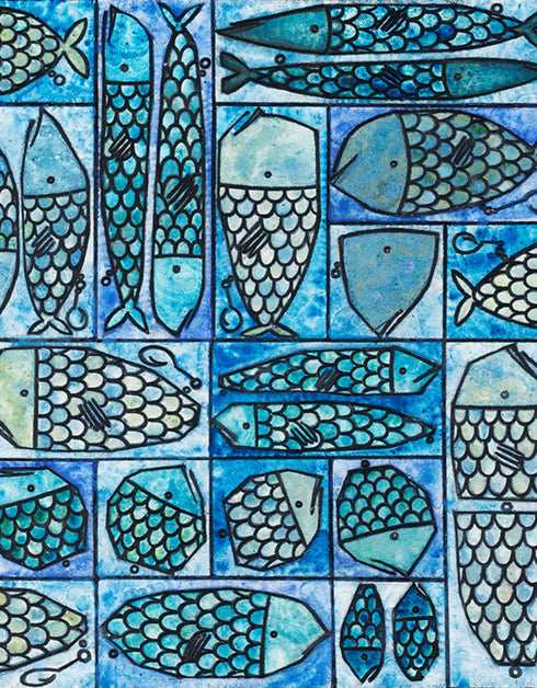 Sardine Tackle Box is a Limited Edition Print by Seth B. Minkin, with blues and greens, capturing the playful design and intricate details of sardines in a tackle box.