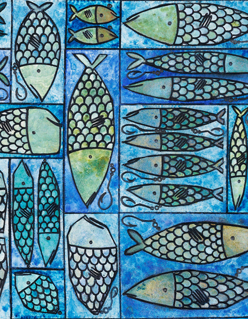 Sardine Tackle Box is a Limited Edition Print by Seth B. Minkin, with blues and greens, capturing the playful design and intricate details of sardines in a tackle box.