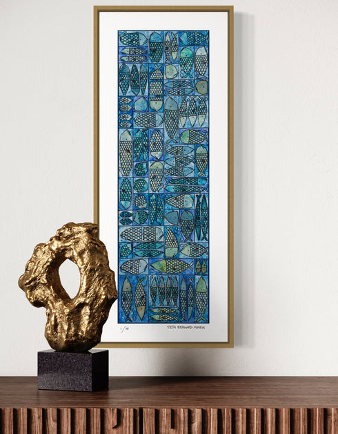 Sardine Tackle Box is a Limited Edition Print by Seth B. Minkin, with blues and greens, capturing the playful design and intricate details of sardines in a tackle box.