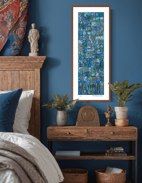 Sardine Tackle Box is a Limited Edition Print by Seth B. Minkin, with blues and greens, capturing the playful design and intricate details of sardines in a tackle box.