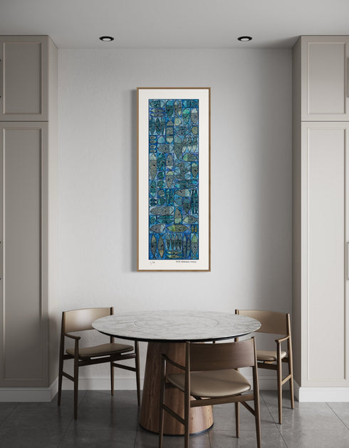 Sardine Tackle Box is a Limited Edition Print by Seth B. Minkin, with blues and greens, capturing the playful design and intricate details of sardines in a tackle box.