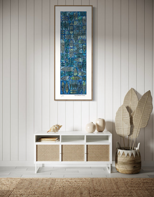 Sardine Tackle Box is a Limited Edition Print by Seth B. Minkin, with blues and greens, capturing the playful design and intricate details of sardines in a tackle box.