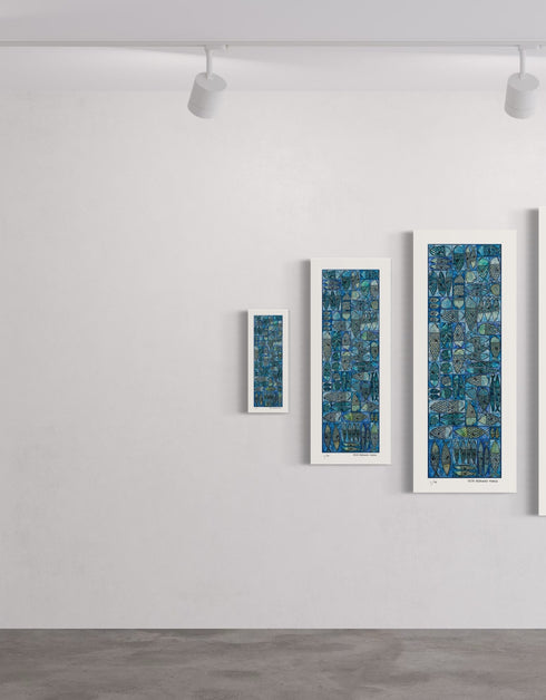 Sardine Tackle Box is a Limited Edition Print by Seth B. Minkin, with blues and greens, capturing the playful design and intricate details of sardines in a tackle box.