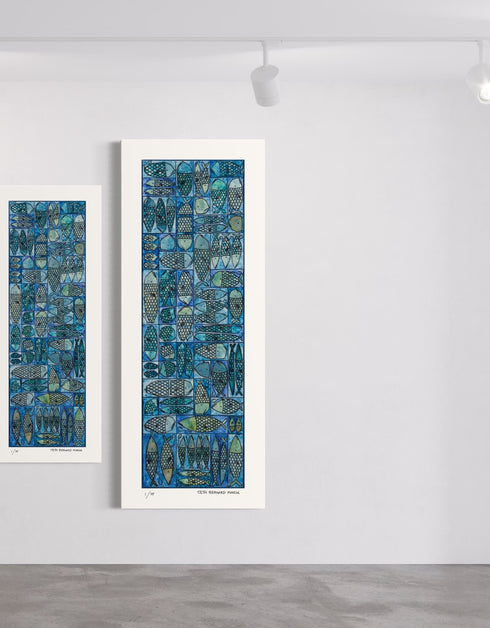 Sardine Tackle Box is a Limited Edition Print by Seth B. Minkin, with blues and greens, capturing the playful design and intricate details of sardines in a tackle box.