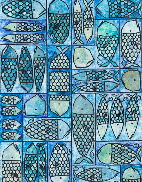 12"x36" painting with whimsical sardines in blues and greens, inspired by the charm of a tackle box.
