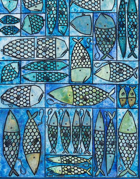 12"x36" painting with whimsical sardines in blues and greens, inspired by the charm of a tackle box.