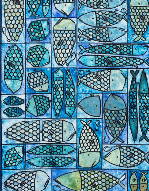 12"x36" painting with whimsical sardines in blues and greens, inspired by the charm of a tackle box.