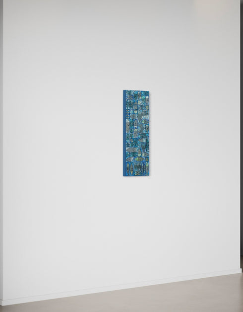 12"x36" painting with whimsical sardines in blues and greens, inspired by the charm of a tackle box.