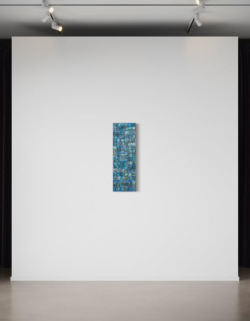 12"x36" painting with whimsical sardines in blues and greens, inspired by the charm of a tackle box.