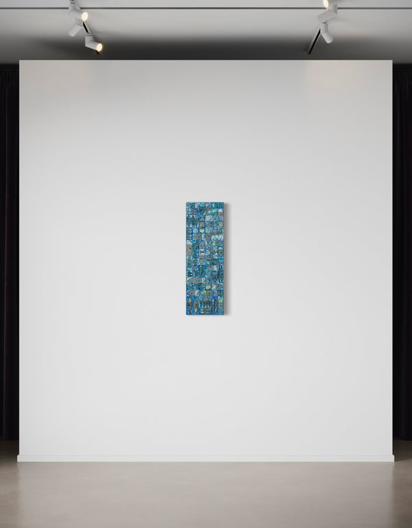 12"x36" painting with whimsical sardines in blues and greens, inspired by the charm of a tackle box.