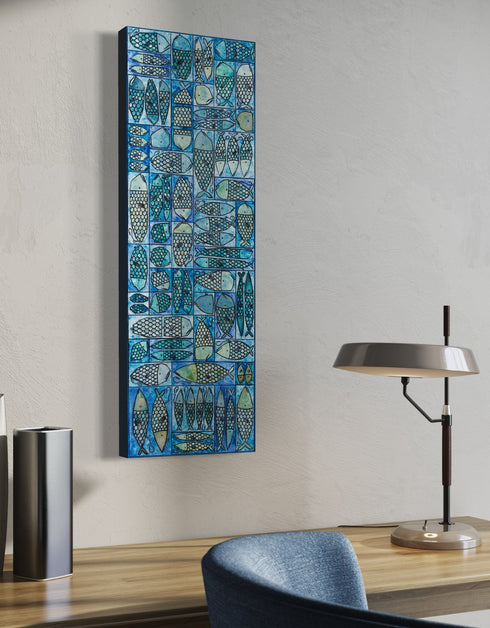 12"x36" painting with whimsical sardines in blues and greens, inspired by the charm of a tackle box.