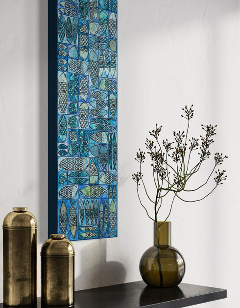 12"x36" painting with whimsical sardines in blues and greens, inspired by the charm of a tackle box.