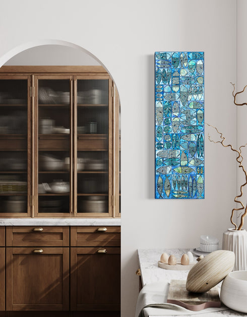 12"x36" painting with whimsical sardines in blues and greens, inspired by the charm of a tackle box.