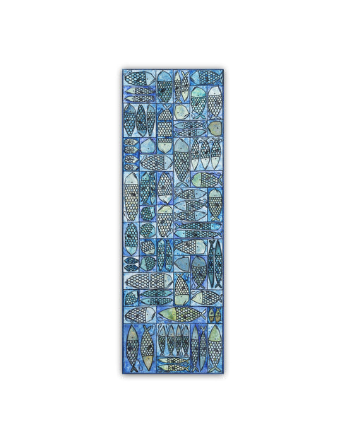 12"x36" painting with whimsical sardines in blues and greens, inspired by the charm of a tackle box.