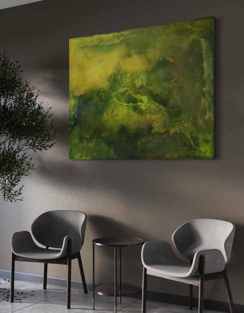 48"x60" painting with earthy tones and vibrant gold, depicting life's layered complexity and growth beneath the surface.