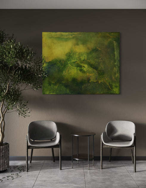 48"x60" painting with earthy tones and vibrant gold, depicting life's layered complexity and growth beneath the surface.