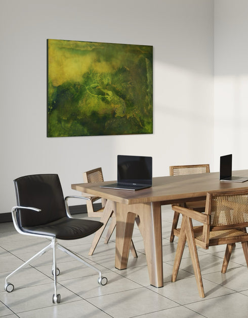 48"x60" painting with earthy tones and vibrant gold, depicting life's layered complexity and growth beneath the surface.