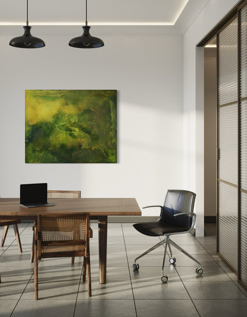 48"x60" painting with earthy tones and vibrant gold, depicting life's layered complexity and growth beneath the surface.