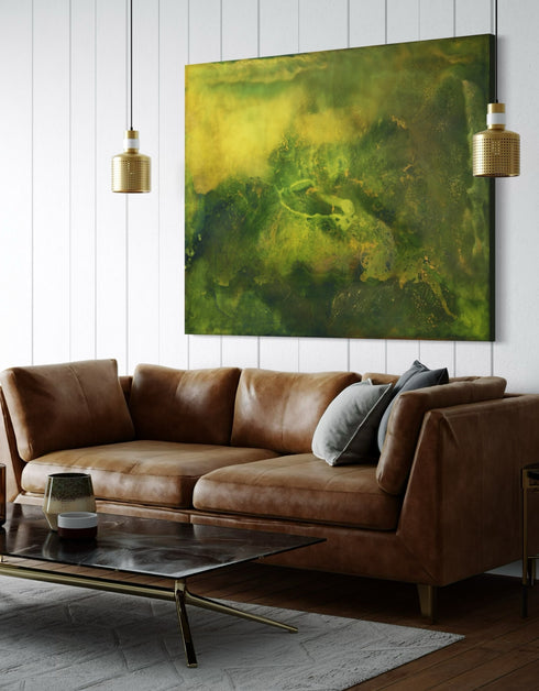 48"x60" painting with earthy tones and vibrant gold, depicting life's layered complexity and growth beneath the surface.