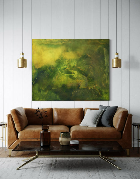 48"x60" painting with earthy tones and vibrant gold, depicting life's layered complexity and growth beneath the surface.