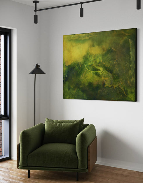 48"x60" painting with earthy tones and vibrant gold, depicting life's layered complexity and growth beneath the surface.