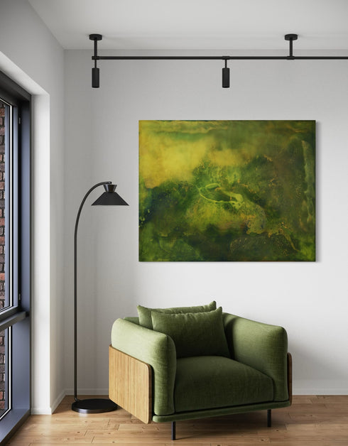48"x60" painting with earthy tones and vibrant gold, depicting life's layered complexity and growth beneath the surface.